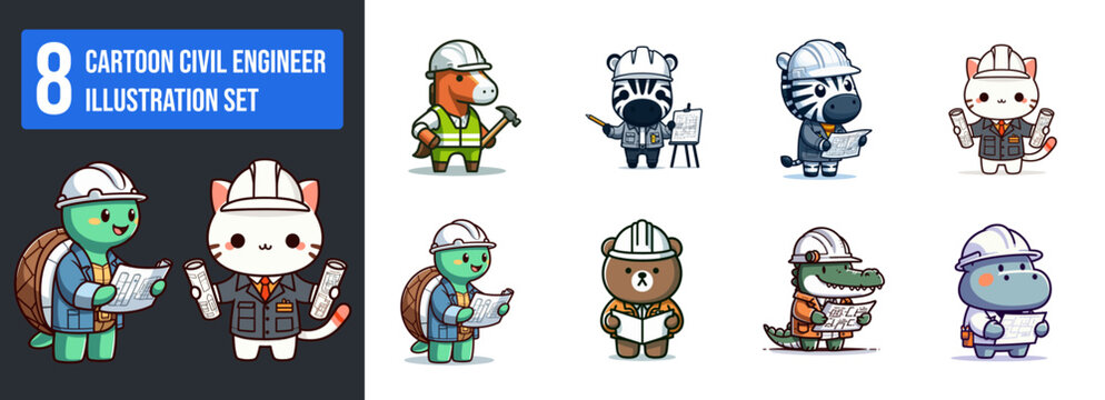 Cartoon Civil Engineer Illustration Set. Animal engineers in hard hats with blueprints and construction plans. Perfect for engineering firms, construction projects, or technical presentations.