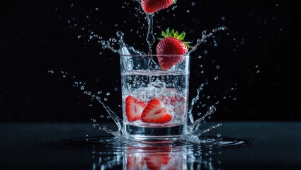 Vibrant strawberry splash in a highball glass with sparkling water creating a refreshing and dynamic water splash