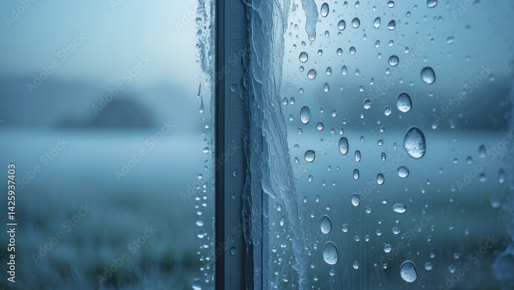 Aufkleber Close-up of melting frost texture on a window featuring water beads and ice pattern