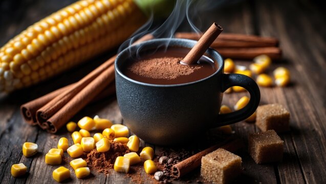 Spicy Corn and Chocolate Hot Drink with Cinnamon - Traditional Latin American Festive Beverage