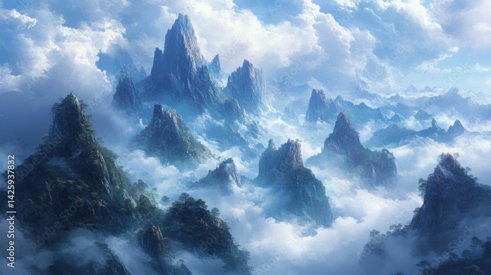 Poster A wide shot of a high-altitude mountain range with sharp peaks and valleys, partially covered in clouds, creating a mystical and dramatic landscape