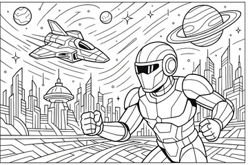 Futuristic Robot and Spaceship in a Line Art Cityscape