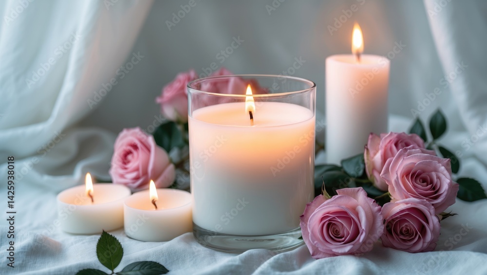 Poster arrangement of burning aromatic candles and roses on a table with space for text