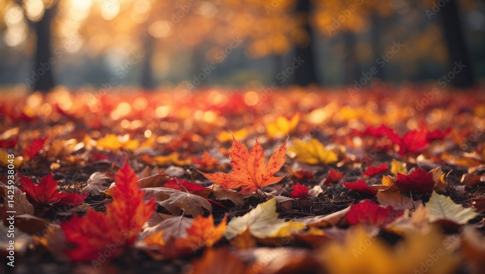Poster vibrant fall leaves with golden backdrop and shallow depth of field