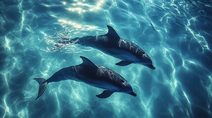 Fototapeta premium Two dolphins swimming in blue ocean with sunlight reflecting on the water surface