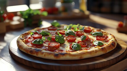  Delicious pizza, freshly baked with vibrant tomatoes and basil.