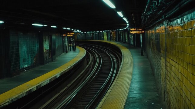 A wide shot of a subway tunnel with long, parallel tracks stretching ahead, with faint lighting casting shadows on the tunnels curved walls and floor