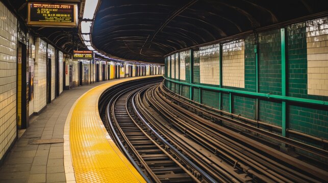 A wide shot of a subway tunnel with long, parallel tracks stretching ahead, with faint lighting casting shadows on the tunnels curved walls and floor
