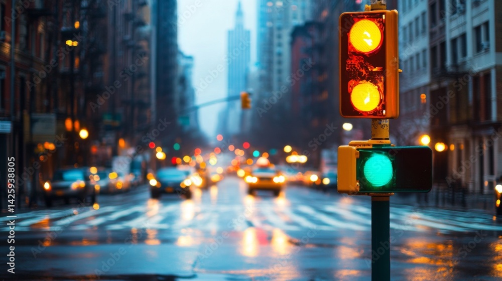 Poster a wide shot of a traffic light turning green, positioned at an empty intersection with a blurred bac