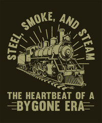 Vintage Steam Locomotive T-Shirt Design – Retro Train Graphic with Sunburst and Distressed Industrial Style