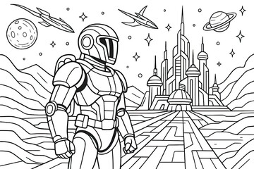 Line Art Astronaut Exploring Futuristic Cityscape on Alien Planet