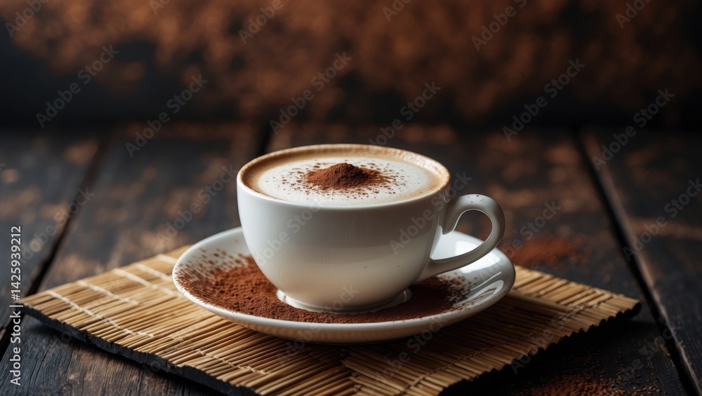 Poster cappuccino mug placed on a wooden mat with a background featuring coffee art and design elements