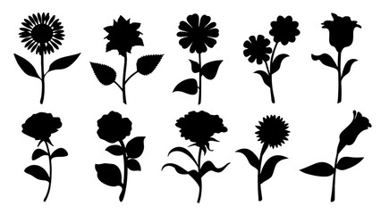 set of flowers silhouette vector on white background