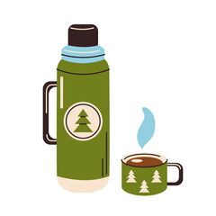 Tea mug and thermos for hot drinks for camping. Drinks for outdoor activities and travel. Vector illustration in a flat style isolated on a white background