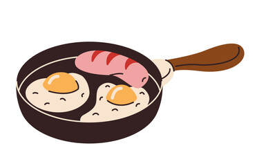 Isometric vector illustration of a frying pan with fried eggs and sausage. Delicious morning breakfast. Cooking, camping food