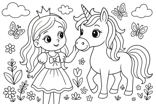 Princess and Unicorn Coloring Page: Cute Line Art Illustration