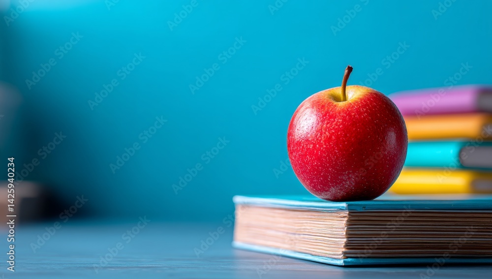 Poster red apple rests on book, representing knowledge and learning, stack of colorful books in background