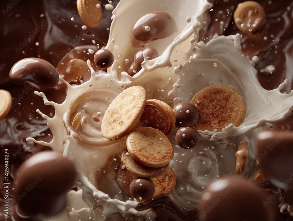Poster dynamic splash of chocolate and cream with cookies and candies in mid-air, creating a delicious scen