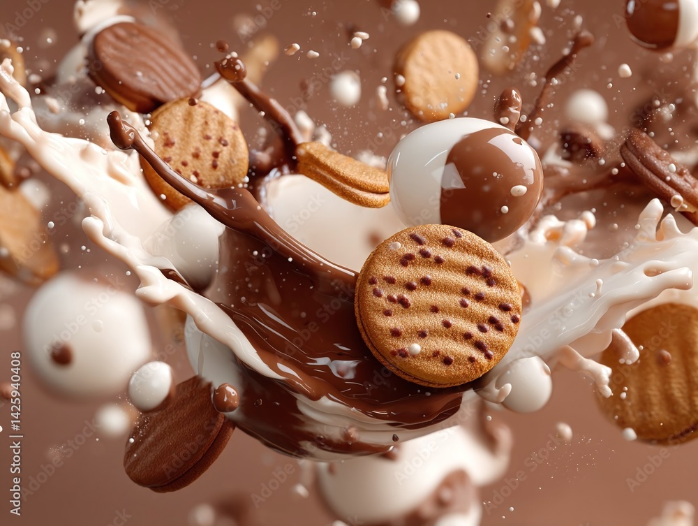 Poster a dynamic splash of chocolate and cream with cookies in mid-air, creating a visually appealing desse