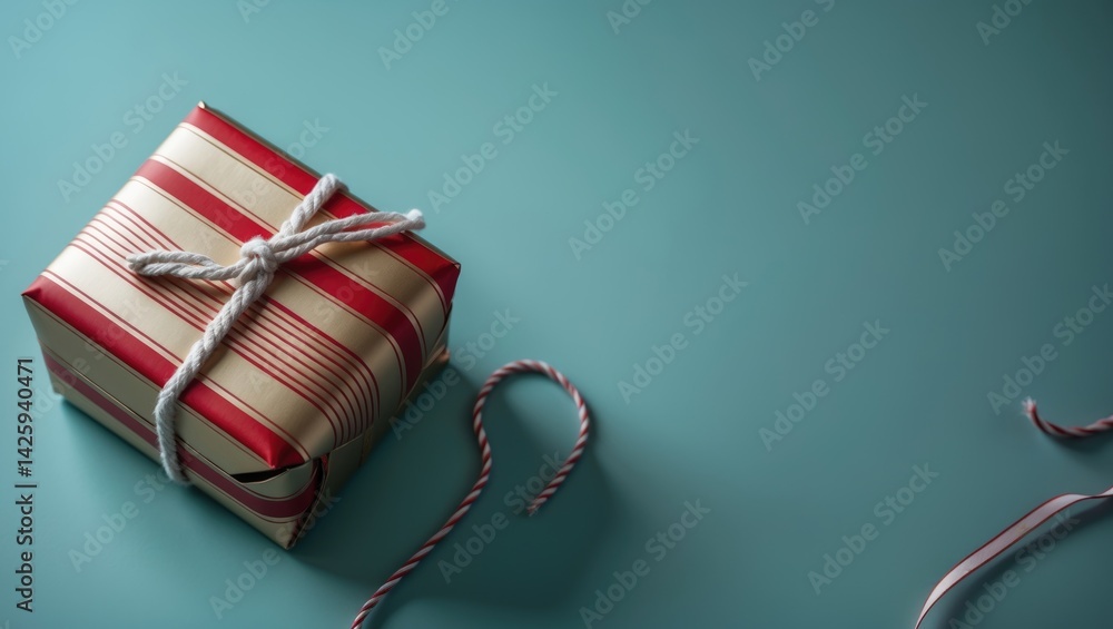 Poster craft paper wrapped present box with rope bow and ribbon from a top view