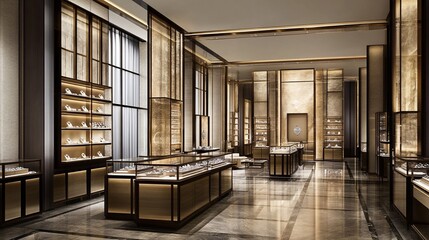 Luxurious jewelry store interior design.  Spacious, elegant display cases,  high-end aesthetic