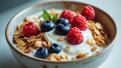 Ceramic bowl of cornflakes topped with fresh fruits and yogurt