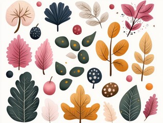 Autumnal leaf  berry collection illustrated whimsically