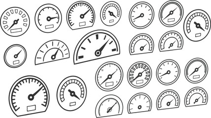 Collection of Hand-Drawn Speedometers and Gauges – Black and White Vector Set

