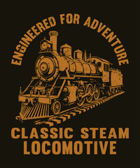 Vintage Steam Locomotive T-Shirt Design – Retro Train Graphic with Sunburst and Distressed Industrial Style