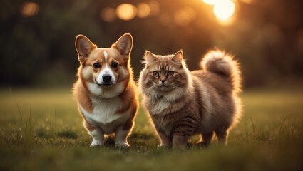 Obraz premium A cat and a dog, two furry friends, strolling across a sunny green meadow