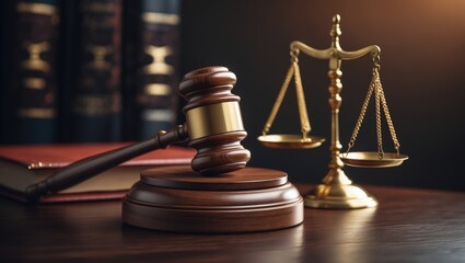 Judicial System: Gavel, Legal Books, and Brass Scale Representing Law and Authority