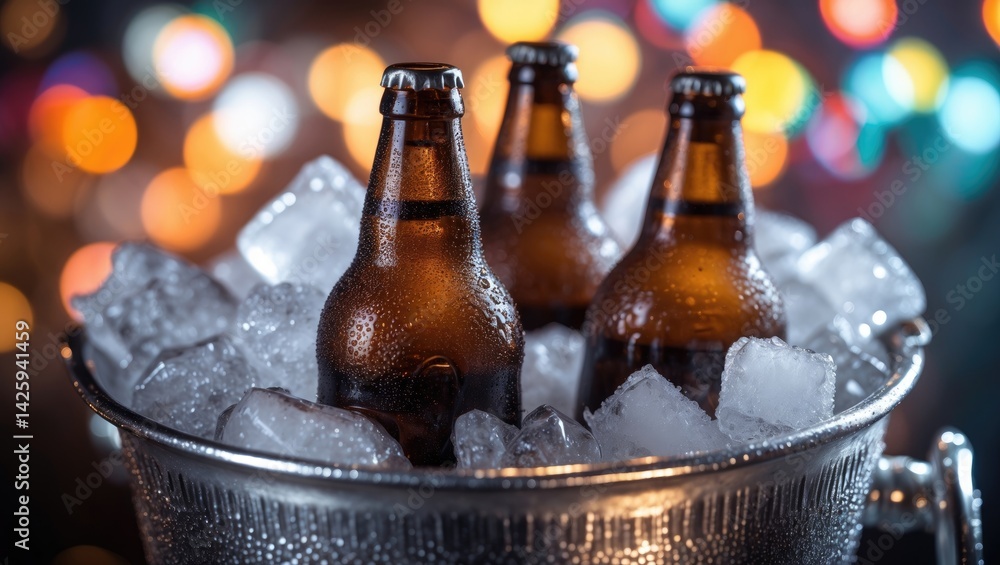 Poster chilled beer bottles in a bucket filled with ice