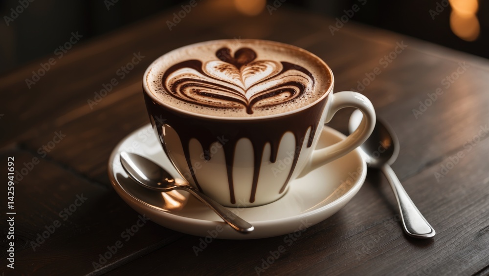 Poster Elegant mocha coffee setup on wooden table with latte and espresso in a cozy restaurant setting