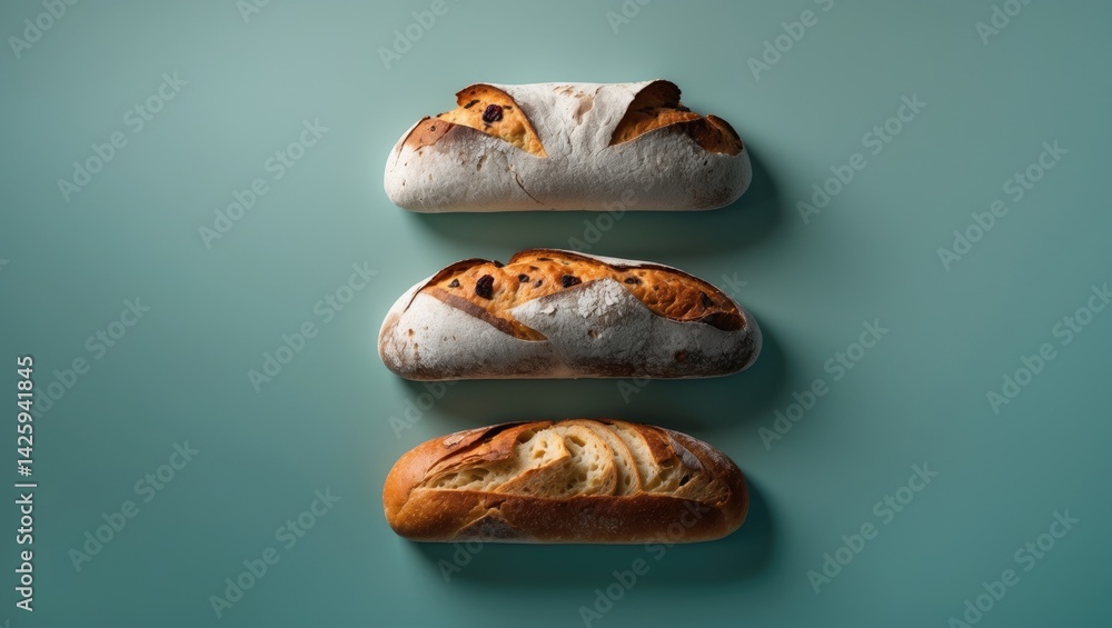 Aufkleber creative bread layout against a background with flat lay food concept and macro detail
