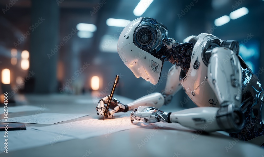 Poster advanced robot diligently writes documents with precision in futuristic office setting