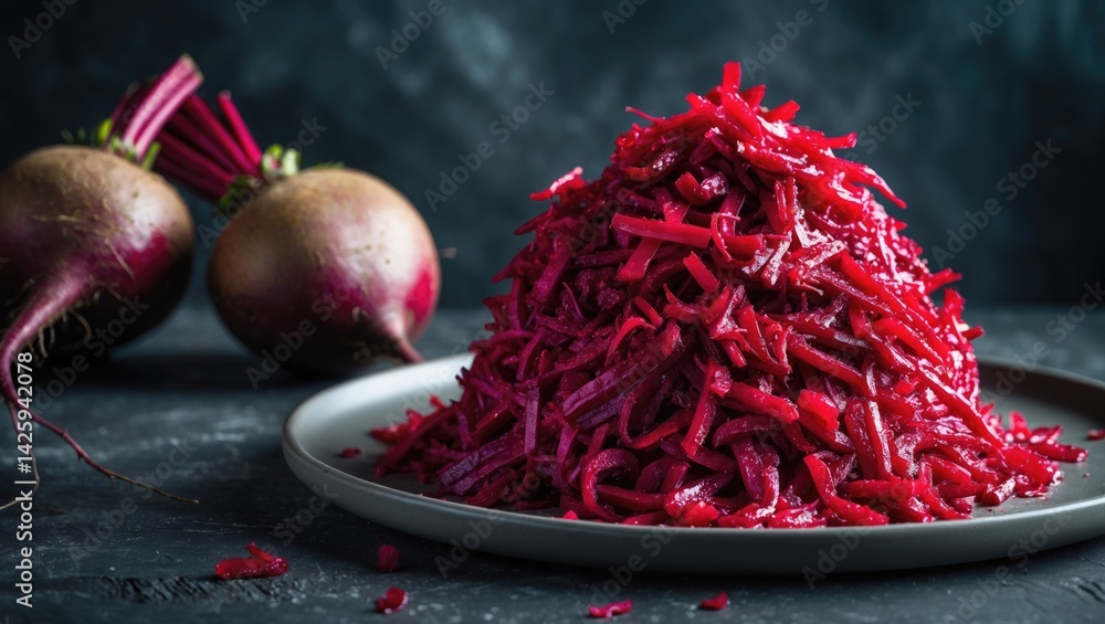 Aufkleber prepared grated cooked beetroot shaped into a cylinder on a plate with a neutral background