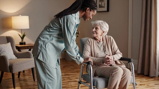 Caregiver assists elderly woman at home during afternoon conversation