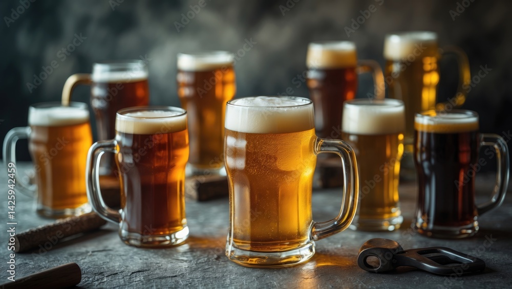 Aufkleber chilled assorted craft beers served in various mugs