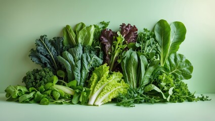 Creative green layout on background featuring flat lay food and macro concept