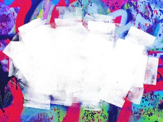 Abstract graffiti art with neon green, blue, red splatters over white space. 90s street style contemporary look. Urban, funky, vibrant visuals, modern 2000s creative banner, poster elements.