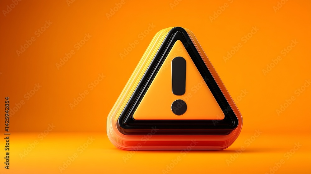 Poster abstract orange warning sign 3d render modern minimalist style alert exclamation mark triangle geome
