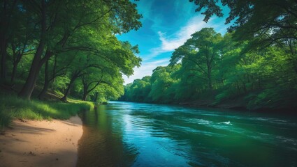Obraz premium The calm river meanders past lush green trees, mirroring the clear blue sky and creating a tranquil environment for relaxation and nature connection.