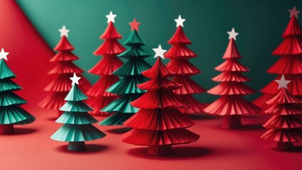 Creative textile Christmas tree designs on a vibrant festive background with space for text