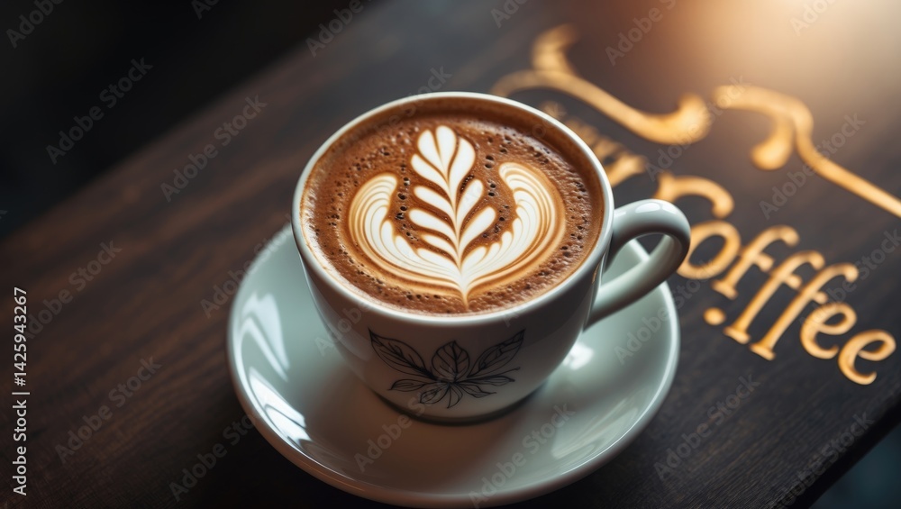Poster Black cappuccino in a cup with frothy top view on a table in a cozy cafe