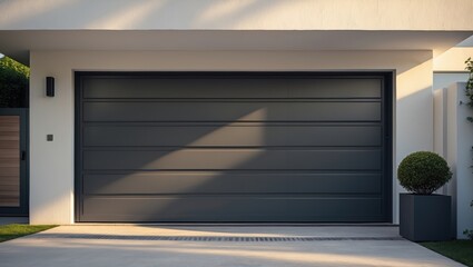 Modern gray door on white facade with closed garage and gate at private house entrance
