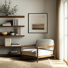 Fototapeta premium Modern Living Room Interior Design with Armchair and Shelves