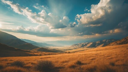 Fototapeta premium Mountain landscape with blue sky and wide open desert highlands