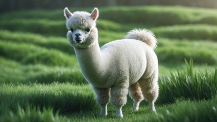 Fototapeta premium Adorable white alpaca with abundant wool standing in a lush green pasture