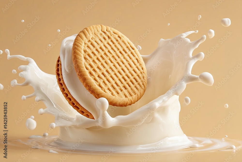 Aufkleber delicious golden cookie splashing into creamy milk, creating a dynamic scene against a soft backdrop