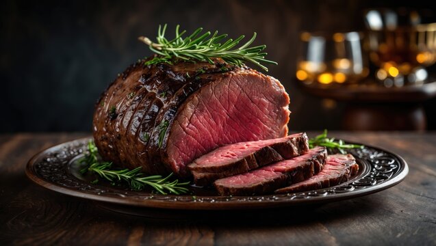 Artfully lit presentation of freshly sliced roast beef with rosemary garnish on a dark backdrop, ample space for copy.